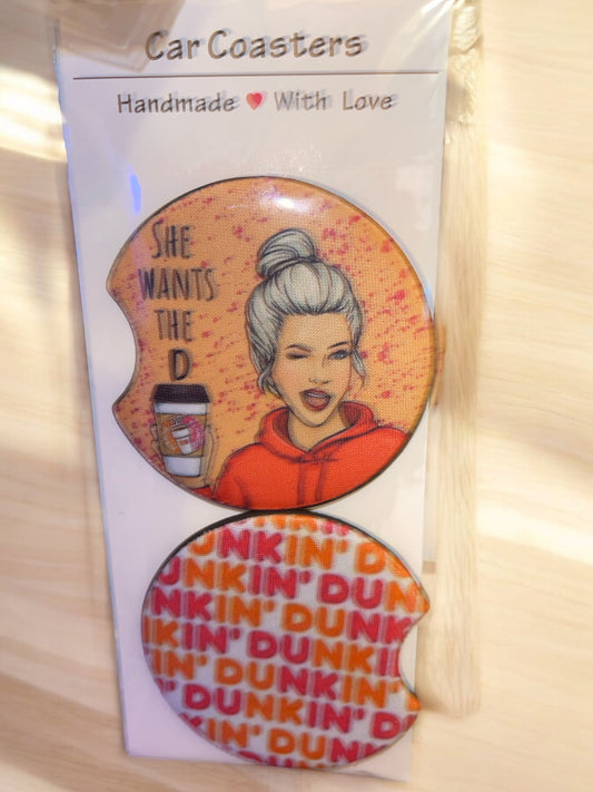 "She wants the D" Dunkin car coaster set